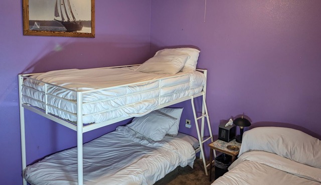 Single twin bed in Shared room, water view/access, Mini Fridge, pets, Fire pit.