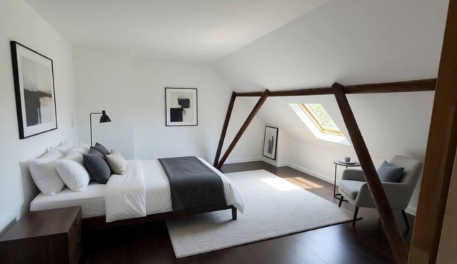 Sleep in the attic in a rural atmospheric space surrounded by meadows.
