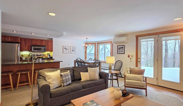 Spacious 2-BR Ski-in, Ski-out Jay Peak Village Condo, right on trail. A/C incl!
