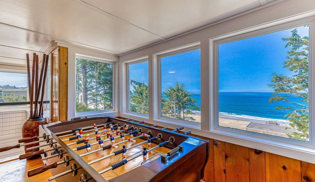 Spacious ocean view home with wood fireplace grill and deck dog friendly
