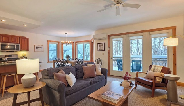Spacious ski-in, ski-out 2-BR Jay Peak Village Condo, right on trail. A/C incl.!