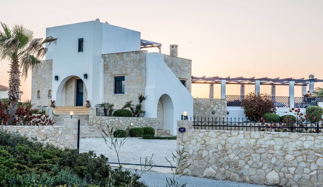 Stunning luxury seafront villa near Stavros, Akrotiri, Crete.