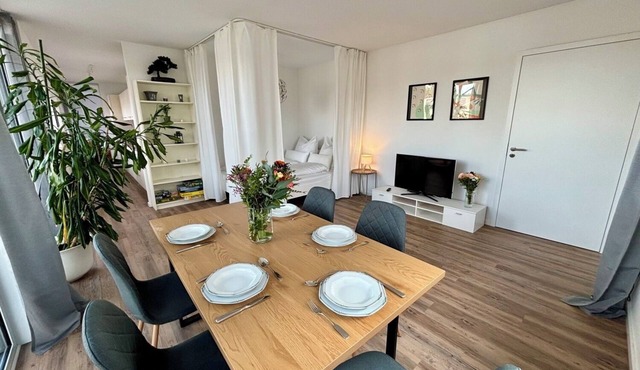 Stylish, spacious apartment with a balcony, kitchen, and outdoor parking space