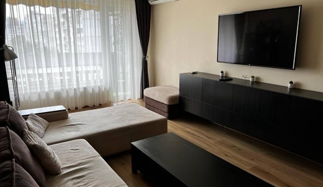 The spacious air-conditioned apartment. Towels and bed linen are offered.