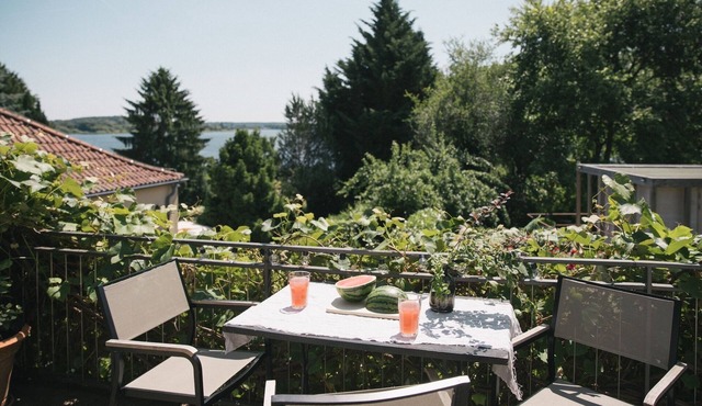 TURMVILLA upper floor: balcony, wood-burning stove and water access