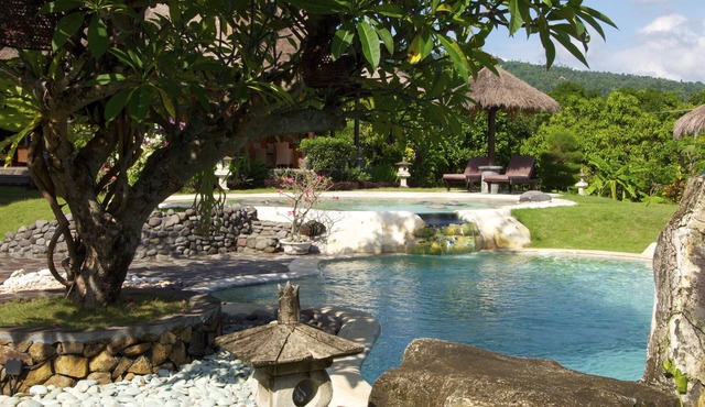 Typical Balinese villa with beautifully landscaped swimming pool