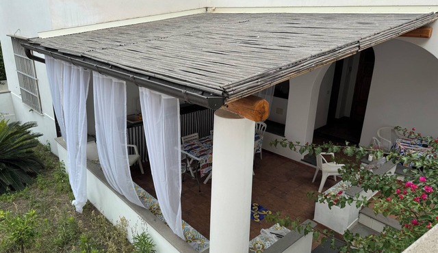 Villa with patio surrounded by greenery, equipped kitchen on the patio. Close to the sea