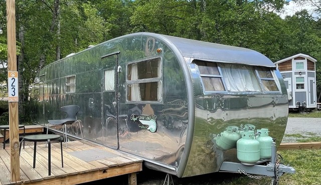 Vintage camper on the creek, short walk to pool and playground, deck, gas grill, sleeps 2.