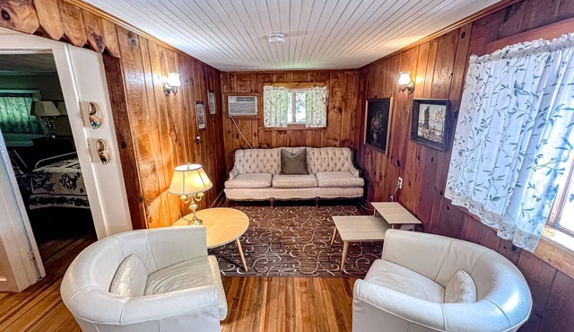 Waterfront 2BR cottage, beach, dock, lake views, fishing, wifi, partial A/C
