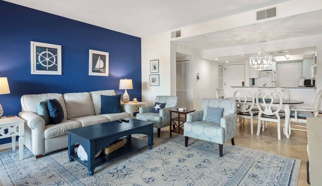 Waterfront condo with walkable locale, central AC, washer/dryer, & shared pool