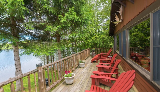 Waterfront Moose Cabin on Lake Colby, Saranac Lake, Deck overlooking Lake Colby